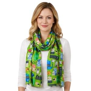 NWT Bright Green Multi-Color Whimsical Cartoon Cat Print Lightweight Scarf
U